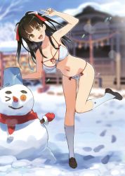 Rule 34 | 1girl, :d, absurdres, basket, bikini, bow, bow bra, bow panties, bra, breasts, day, highres, kneehighs, large breasts, loafers, long hair, nontraditional miko, ootomo takuji, open mouth, panties, shoes, smile, snow, snowman, socks, solo, swimsuit, toranoana, two side up, underwear, underwear only, v, white bra, white panties, yin yang
