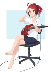 Rule 34 | 1girl, absurdres, ahoge, cable, chair, collarbone, commentary, commission, crossed legs, drill hair, electric guitar, expressionless, full body, guitar, hair ornament, hairclip, hand on headphones, headphones, highres, holding, holding instrument, instrument, kasane teto, looking at viewer, mixed-language commentary, red eyes, red hair, shirt, short hair, shorts, sitting, solo, swept bangs, t-shirt, twin drills, utau, white shirt, yasutange