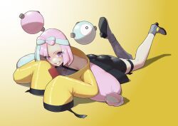 Rule 34 | 1girl, bike shorts, boots, commentary request, creatures (company), full body, game freak, green hair, grey footwear, grey pantyhose, grey shirt, grin, highres, iono (pokemon), jacket, long hair, looking down, lying, multicolored hair, nintendo, on stomach, pantyhose, pink hair, pokemon, pokemon sv, purple eyes, shiny clothes, shirt, sigeru uncommon, single leg pantyhose, sleeves past fingers, sleeves past wrists, smile, solo, teeth, thigh strap, twintails, two-tone hair, yellow jacket