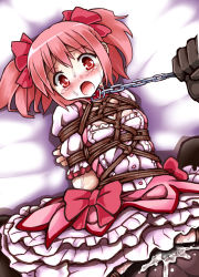 Rule 34 | 10s, 1girl, arms behind back, bdsm, blush, bondage, bound, chain, collar, crying, crying with eyes open, highres, implied sex, kaname madoka, lilish, magical girl, mahou shoujo madoka magica, mahou shoujo madoka magica (anime), pink eyes, pink hair, rope, sex, short hair, solo focus, tears, twintails