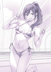 Rule 34 | 1girl, absurdres, bare arms, bare shoulders, bikini, blush, breasts, closed mouth, commentary request, double-parted bangs, double v, hands up, high ponytail, highres, indoors, large breasts, leaning to the side, long hair, looking at viewer, macosee, monochrome, navel, original, pool, purple theme, side-tie bikini bottom, sidelocks, skindentation, smile, solo, standing, standing on one leg, stomach, string bikini, swimsuit, underboob, v