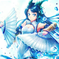 Rule 34 | 1girl, aka (440626), aka (pixiv440626), armpits, bare shoulders, blue eyes, blue hair, blush, breasts, china dress, chinese clothes, cleavage, cleavage cutout, clothing cutout, dragon girl, dragon horns, dress, dual wielding, elbow gloves, eyeliner, fins, gloves, hand fan, head fins, holding, horns, karin (p&amp;d), long hair, looking at viewer, makeup, matching hair/eyes, nail polish, puzzle &amp; dragons, smile, solo