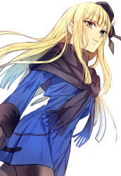 Rule 34 | 1girl, beret, black gloves, black hat, black pantyhose, black scarf, blonde hair, blue dress, blunt bangs, blunt ends, closed mouth, cowboy shot, dress, fate/grand order, fate (series), fringe trim, from below, gloves, green eyes, hat, long hair, long sleeves, looking at viewer, lord el-melloi ii case files, pantyhose, reines el-melloi archisorte, scarf, simple background, sleeve cuffs, smile, solo, tsengyun, white background