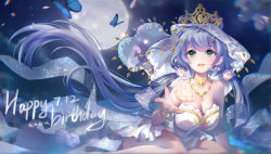 Rule 34 | 1girl, absurdres, alternate breast size, birthday, breasts, bug, butterfly, cleavage, crown, flower, happy birthday, highres, insect, large breasts, long hair, luo tianyi, moon, solo, tapiokaro (ximilul), twintails, veil, vocaloid, vsinger, witch