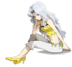 Rule 34 | 00s, 1990s (style), 1girl, ang, bare shoulders, breasts, cleavage, creatures (company), crop top, elite four, full body, game freak, grey eyes, head rest, high heels, karen (pokemon), leaning, long hair, midriff, navel, nintendo, pokemon, pokemon gsc, pokemon hgss, retro artstyle, shadow, shoes, silver hair, sitting, small breasts, smile, solo, strap slip