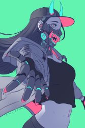 Rule 34 | 1girl, aqua background, baseball cap, black hair, black hat, blue eyes, breasts, cleavage, cyberpunk, cyborg, fake horns, fangs, foreshortening, from side, gloves, hat, highres, hood, hooded jacket, horned headwear, horns, jacket, koyorin, long hair, looking to the side, mechanical arms, medium breasts, midriff, multicolored eyes, open clothes, open jacket, original, outstretched arms, pink eyes, portrait, prosthesis, signature, simple background, single mechanical arm, solo, spread arms, tank top, teeth, upper body, wind