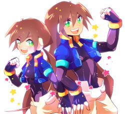 Rule 34 | 1boy, 1girl, aile (mega man zx), blush, bodystocking, bodysuit, bodysuit under clothes, bracelet, breasts, brown hair, capcom, clenched hand, cropped jacket, hair between eyes, inti creates, jacket, jewelry, long hair, looking to the side, mega man (series), mega man zx, mega man zx advent, open mouth, pants, ponytail, short sleeves, sidelocks, simple background, small breasts, smile, star (symbol), teeth, vent (mega man), very long hair, white background, white pants, yukiwarosi1953