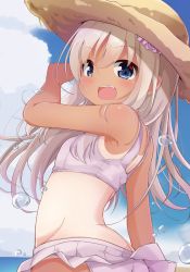 Rule 34 | 1girl, ass, back, bare shoulders, beach, bikini, blue eyes, blue sky, blush, bow, breasts, cloud, commentary request, cowboy shot, day, flower, frilled bikini, frills, from behind, from below, hair between eyes, hair bow, hair flower, hair ornament, hat, highres, kantai collection, long hair, looking at viewer, ocean, one-piece tan, open mouth, outdoors, ro-500 (kancolle), sky, small breasts, smile, solar milk, solo, standing, straw hat, swimsuit, tan, tanline, water, water drop, white hair