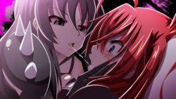 Rule 34 | 2girls, after kiss, black hair, blue eyes, blush, breast press, eye contact, gloves, high school dxd, highres, looking at another, multiple girls, raynare, red hair, rias gremory, saliva, saliva trail, spikes, sweatdrop, yuri