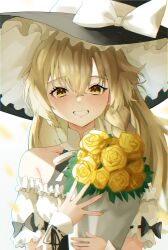 Rule 34 | 1girl, absurdres, armlet, black bow, black hat, black ribbon, blonde hair, bouquet, bow, braid, breasts, collar, commentary request, detached collar, flower, frilled hat, frilled shirt, frilled sleeves, frills, hair between eyes, hands up, hat, hat bow, hat ribbon, highres, holding, holding bouquet, kaminose (user veum4325), kirisame marisa, leaf, light blush, looking at viewer, nail polish, off-shoulder shirt, off shoulder, open mouth, puffy short sleeves, puffy sleeves, ribbon, ribbon-trimmed sleeves, ribbon trim, rose, shirt, short sleeves, side braid, simple background, single braid, sleeve bow, small breasts, solo, teeth, touhou, upper body, white background, white bow, white ribbon, white shirt, witch hat, yellow eyes, yellow flower, yellow nails, yellow rose