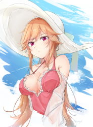 Rule 34 | 1girl, azur lane, bare shoulders, breasts, cropped torso, frills, halterneck, hat, highres, large breasts, long hair, looking at viewer, nayuta hilo, off shoulder, one-piece swimsuit, orange hair, parted lips, pink one-piece swimsuit, red eyes, richelieu (azur lane), richelieu (fleuron of the waves) (azur lane), solo, sun hat, swimsuit, white hat
