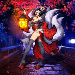 Rule 34 | 1girl, animal ears, ass, autumn leaves, bare shoulders, black hair, black thighhighs, breasts, choker, cleavage, collarbone, dress, earrings, floral print, fox ears, fox tail, full body, genzoman, hand on own ass, head tilt, holding, jewelry, lantern, leaf, long sleeves, looking at viewer, maple leaf, medium breasts, multiple tails, night, obi, off-shoulder dress, off shoulder, original, outdoors, parted lips, platform footwear, ponytail, railing, realistic, red eyes, sash, side slit, smile, solo, standing, tail, thighhighs, tree