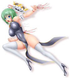 Rule 34 | 1girl, armpits, bad id, bad pixiv id, bare shoulders, blue eyes, breasts, china dress, chinese clothes, cleavage, covered erect nipples, curvy, dress, female focus, green hair, groin, harumi (harumix), hat, high heels, hip focus, huge breasts, impossible clothes, impossible dress, impossible shirt, long legs, shiki eiki, shirt, shoes, short hair, skin tight, solo, thick thighs, thighhighs, thighs, touhou, white thighhighs, wide hips