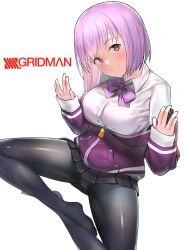 Rule 34 | 10s, 1girl, alexis (ssss.gridman), black skirt, bow, breasts, button gap, collared shirt, commentary request, copyright name, from above, gridman universe, highres, indian style, jacket, large breasts, light purple hair, long sleeves, off shoulder, panties, panties under pantyhose, pantyhose, purple bow, purple jacket, purple neckwear, scrunchie, shinjou akane, shirt, sitting, skirt, sleeves past wrists, smile, spread legs, ssss.gridman, thighs, underwear, urrrt, white background, white shirt, wrist scrunchie