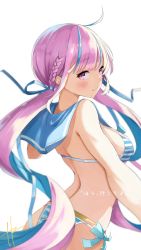 Rule 34 | 1girl, ahoge, artist name, bare shoulders, bikini, blue hair, blush, braid, breasts, closed mouth, colored inner hair, commentary request, highres, hololive, hz (helu 2), looking at viewer, looking back, medium breasts, minato aqua, multicolored hair, purple eyes, purple hair, sailor collar, signature, simple background, solo, striped bikini, striped clothes, swimsuit, twintails, two-tone hair, upper body, virtual youtuber, white background