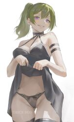 Rule 34 | 1girl, absurdres, arm strap, artist name, black choker, black dress, breasts, choker, cleavage, clothes lift, commentary, dress, dress lift, green hair, grin, hands up, highres, lace, lace-trimmed panties, lace trim, lifted by self, looking at viewer, medium breasts, o-ring, o-ring choker, panties, parted lips, purple eyes, side ponytail, simple background, smile, solo, sousou no frieren, thien ngo, thigh strap, ubel (sousou no frieren), underwear, watermark, white background