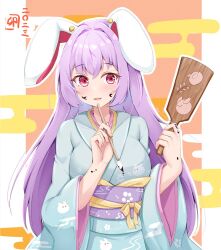 Rule 34 | 1girl, :d, animal ears, blush, breasts, calligraphy brush, facepaint, holding, holding brush, ink, japanese clothes, kimono, large breasts, long hair, looking at viewer, obi, open mouth, paddle, paintbrush, pink eyes, purple eyes, rabbit ears, reisen udongein inaba, rururiaru, sash, sleeves past elbows, smile, solo, touhou, very long hair, wide sleeves