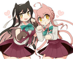 Rule 34 | 2girls, ahoge, aqua-framed eyewear, black hair, blazer, blouse, braid, breasts, brown eyes, brown gloves, brown vest, commentary, cowboy shot, crown braid, fingerless gloves, glasses, gloves, green neckwear, highres, jacket, kantai collection, kemonomimi mode, large breasts, leaning forward, long hair, long sleeves, looking at viewer, makigumo (kancolle), multicolored hair, multiple girls, naganami (kancolle), paw pose, pink hair, pleated skirt, shirt, short sleeves, simoyuki, simple background, skirt, symbol-only commentary, twintails, two-tone hair, vest, wavy hair, white background, white shirt