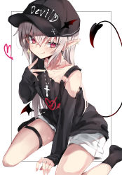 Rule 34 | 1girl, absurdres, asymmetrical clothes, baseball cap, between legs, black shirt, blush, closed mouth, collarbone, commentary request, cross, cross earrings, cross necklace, demon girl, demon tail, demon wings, earrings, english text, flat chest, full body, grin, hair between eyes, hair over eyes, hand between legs, hand up, hat, heart, highres, jewelry, licking lips, long sleeves, necklace, off shoulder, original, pointy ears, red eyes, ring, shirt, shorts, sitting, smile, solo, spoken heart, sweatdrop, tail, thigh strap, tongue, tongue out, toshizou (0714), v, wariza, wavy mouth, white hair, white shorts, wings