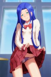 Rule 34 | 1girl, blue hair, bonnie (rsg), bow, bowtie, classroom, closed mouth, clothes lift, collared shirt, cowboy shot, crotchless, crotchless panties, female pubic hair, green eyes, hair intakes, head tilt, imai kotoko, indoors, lifted by self, long hair, long sleeves, looking at viewer, mewkledreamy, miniskirt, mole, mole under eye, panties, pleated skirt, pubic hair, purple panties, red bow, red bowtie, red skirt, shirt, skirt, skirt lift, smile, solo, standing, underwear, very long hair, white shirt, wing collar