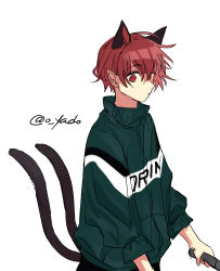 Rule 34 | 1boy, adapted costume, animal ears, artist name, cat ears, cat tail, extra ears, genderswap, genderswap (ftm), highres, kaenbyou rin, male focus, multiple tails, nekomata, pointy ears, red eyes, red hair, short hair, solo, tail, touhou, two tails, white background, yadoyuki
