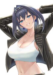 Rule 34 | 1girl, absurdres, arms behind head, arms up, black jacket, blue eyes, blue hair, breasts, chain, chain headband, cleavage, collarbone, commentary, crop top, earrings, eyelashes, head tilt, highres, hololive, hololive english, jacket, jewelry, large breasts, looking at viewer, navel, open clothes, open jacket, ouro kronii, parted lips, short hair, smile, solo, studded jacket, tomozoo83, upper body, virtual youtuber, white background
