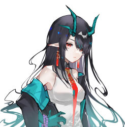 Rule 34 | 1girl, arknights, bare shoulders, bead bracelet, beads, black hair, black jacket, bracelet, breasts, closed mouth, colored skin, commentary request, dragon girl, dragon horns, dress, dusk (arknights), earrings, green hair, green horns, green skin, hair over one eye, hand on own hip, highres, horns, jacket, jacket partially removed, jewelry, long hair, looking at viewer, medium breasts, multicolored hair, necktie, pointy ears, red eyes, red necktie, s 4ik4, simple background, sleeveless, sleeveless dress, solo, streaked hair, tassel, tassel earrings, white background