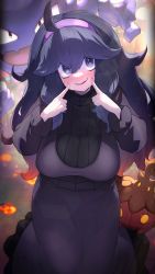 Rule 34 | 1girl, @ @, ahoge, black dress, blush, breasts, commentary, creatures (company), dress, forced smile, game freak, gen 1 pokemon, gen 6 pokemon, grey dress, grey eyes, grey hair, hair between eyes, hairband, haunter, hex maniac (pokemon), highres, kashu (hizake), large breasts, long dress, long hair, long sleeves, looking at viewer, messy hair, nintendo, open mouth, pokemon, pokemon (creature), pokemon xy, pumpkaboo, purple eyes, purple hair, purple hairband, smile, solo, symbol-only commentary