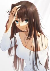 Rule 34 | 1girl, aozaki aoko, blue eyes, breasts, casual, casual clothes, cleavage, highres, long hair, looking at viewer, mahou tsukai no yoru, sleepy, solo, toomishou, white background