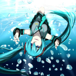Rule 34 | 1girl, artist request, breasts, bubble, detached sleeves, green hair, hair between eyes, hatsune miku, long hair, looking at viewer, necktie, shinkai shoujo (vocaloid), solo, twintails, underwater, upside-down, vocaloid