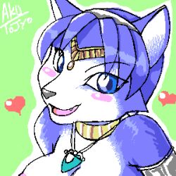 1girl aku_tojyo blue_eyes blue_fur blue_hair breasts close-up furry furry_female green_background heart jewelry krystal looking_at_viewer necklace nintendo nude open_mouth star_fox star_fox_adventures