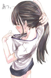 Rule 34 | 1girl, black hair, breasts, downblouse, gym uniform, highres, holding, holding own hair, long hair, nape, nipples, original, shirufue, sketch, small breasts, solo, sweat, white background
