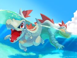 Rule 34 | air bubble, bubble, claws, cloud, commentary request, creatures (company), day, feraligatr, game freak, gen 2 pokemon, highres, nintendo, open mouth, outdoors, partially underwater shot, plankton (ganoona), pokemon, red eyes, sharp teeth, sky, teeth, tongue, totodile, watermark