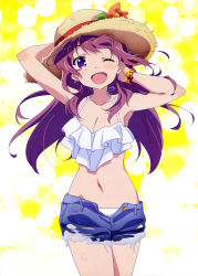 Rule 34 | 1girl, ;d, absurdres, arms behind head, arms up, bare shoulders, bikini, blue shorts, breasts, cleavage, cutoffs, denim, denim shorts, flower bracelet, frilled bikini, frills, girlish number, tucking hair, hand on headwear, hat, highres, karasuma chitose (girlish number), long hair, looking at viewer, navel, nyantype, official art, one eye closed, open fly, open mouth, purple eyes, purple hair, shorts, smile, solo, straw hat, swimsuit, torn clothes, torn shorts, unbuttoned, unzipped, white bikini