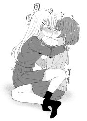Rule 34 | 2girls, arms around neck, blush, closed eyes, ear blush, french kiss, from side, greyscale, hachiko (hati12), hair ornament, hairclip, highres, implied fingering, kiss, long hair, looking at another, monochrome, multiple girls, original, pleated skirt, profile, school uniform, short hair, sitting, sitting on lap, sitting on person, skirt, socks, trembling, yuri