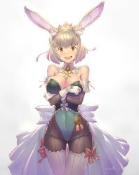 Rule 34 | 1girl, animal ears, bare shoulders, blonde hair, blush, breast hold, breasts, character request, cleavage, covered navel, detached collar, detached sleeves, fake animal ears, gloves, highres, large breasts, leotard, looking at viewer, open mouth, pantyhose, playboy bunny, rabbit ears, short hair, signature, simple background, solo, takamine nadare, tears, thighhighs, white background, white gloves, yellow eyes