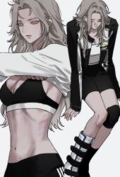 Rule 34 | 1girl, black bra, black jacket, black pants, bra, breasts, cleavage, commentary, eriol s2, grey background, grey hair, highres, jacket, long hair, navel, open clothes, open jacket, original, pants, race queen, shirt, simple background, sitting, sports bra, symbol-only commentary, underwear, undressing, white shirt, yellow eyes