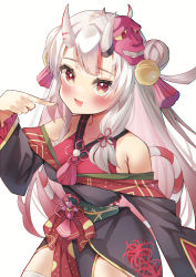 Rule 34 | 1girl, :d, absurdres, bare shoulders, bell, black kimono, blush, commentary request, double bun, fang, grey hair, hair bell, hair bun, hair ornament, hand up, highres, hololive, horns, japanese clothes, jingle bell, kimono, long hair, mask, mask on head, multicolored hair, nakiri ayame, nakiri ayame (1st costume), obi, off shoulder, oni, oni mask, open mouth, pointing, pointing at self, red eyes, red hair, sash, simple background, skin-covered horns, smile, solo, streaked hair, thighhighs, very long hair, virtual youtuber, white background, white thighhighs, yoshidadon