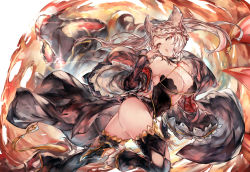 Rule 34 | 1girl, animal ears, braid, braided bangs, breasts, cleavage, cloak, erune, fire, fraux, granblue fantasy, highres, large breasts, mi bait, off shoulder, solo, the devil (granblue fantasy), thighhighs, twintails, white hair, wide sleeves