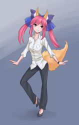 Rule 34 | 10s, 1girl, animal ears, bow, casual, colorized, fate/extra, fate (series), fox ears, fox tail, full body, hair bow, hair ribbon, high heels, highres, jiffic, pants, pink hair, ribbon, shirt, solo, standing, tail, tamamo (fate), tamamo no mae (fate/extra), twintails, wristband, yellow eyes