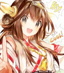 Rule 34 | 10s, 1girl, artist name, brown hair, detached sleeves, english text, gradient background, hairband, kantai collection, kongou (kancolle), long hair, looking at viewer, namie-kun, open mouth, solo, upper body