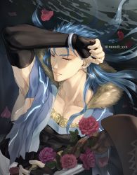 Rule 34 | 1boy, arm up, armpits, bad id, bad twitter id, blue hair, bracelet, capelet, closed mouth, collarbone, cu chulainn (caster) (fate), cu chulainn (fate), cu chulainn (fate/stay night), detached sleeves, earrings, fate/grand order, fate (series), flower, fur-trimmed hood, fur trim, highres, holding, holding staff, hood, hooded capelet, jewelry, long hair, male focus, mondi hl, muscular, muscular male, petals, ponytail, red eyes, rose, rose petals, solo, spiked hair, staff, twitter username, water, wooden staff