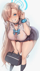 1girl :d asuna_(blue_archive) asuna_(school_uniform)_(blue_archive) asymmetrical_bangs bag black_choker black_skirt black_socks blonde_hair blue_archive blue_bow blue_bowtie blue_eyes blue_halo blue_ribbon blue_scrunchie bow bowtie breasts button_gap choker commentary feet_out_of_frame fluffydus gradient_background grey_background grin hair_over_one_eye hair_ribbon halo hand_up highres holding holding_bag kneehighs large_breasts leaning_forward long_hair looking_at_viewer loose_bowtie miniskirt official_alternate_costume open_mouth pleated_skirt ribbon school_bag school_uniform scrunchie see-through_clothes see-through_shirt shirt short_sleeves skirt smile socks solo standing tucking_hair twitter_username very_long_hair white_shirt wrist_scrunchie