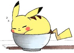 Rule 34 | :3, bowl, commentary, creatures (company), english commentary, closed eyes, facing viewer, from side, game freak, gen 1 pokemon, in bowl, in container, latenight, nintendo, no humans, pikachu, pokemon, pokemon (creature), simple background, sleeping, white background, zzz