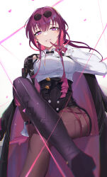 Rule 34 | 1girl, absurdres, artist request, black choker, black jacket, black shorts, blush, boots, breasts, brown pantyhose, buttons, choker, collared jacket, collared shirt, colored inner hair, crossed legs, eyewear on head, gloves, hair between eyes, hand up, high-waist shorts, highres, honkai: star rail, honkai (series), jacket, jewelry, kafka (honkai: star rail), large breasts, lipstick, long sleeves, looking at viewer, makeup, multicolored hair, open clothes, open jacket, pantyhose, pink gloves, pink hair, pink jacket, pink pupils, puffy long sleeves, puffy sleeves, purple footwear, purple hair, ring, round eyewear, shirt, short hair, short hair with long locks, shorts, sidelocks, simple background, sitting, smile, solo, spider web print, sunglasses, teeth, two-sided fabric, two-sided jacket, white background, white shirt