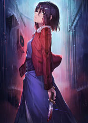 Rule 34 | 1girl, black hair, blood, bloody knife, commentary request, fur collar, holding, holding knife, ibuki notsu, jacket, kara no kyoukai, knife, looking at viewer, parted lips, profile, rain, red jacket, ryougi shiki, short hair, solo, standing, white eyes
