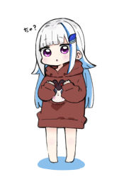 Rule 34 | 1girl, :o, barefoot, blue hair, blush, brown hoodie, chibi, clothes writing, colored shadow, commentary, full body, hair ornament, hood, hood down, hoodie, lize helesta, long hair, long sleeves, looking at viewer, multicolored hair, nijisanji, nozo (hitomiz), parted lips, puffy long sleeves, puffy sleeves, shadow, sleeves past wrists, solo, standing, translation request, two-tone hair, very long hair, virtual youtuber, white background, white hair