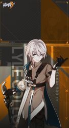 Rule 34 | 1boy, aqua eyes, asymmetrical sleeves, black gloves, blonde hair, gloves, highres, holding, holding weapon, honkai (series), honkai impact 3rd, light brown shirt, looking at viewer, lyle collodi (honkai impact), male focus, mismatched sleeves, official art, official wallpaper, short hair, short sleeves, smile, weapon