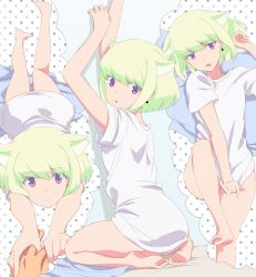 Rule 34 | 1boy, androgynous, animal ears, barefoot, bed, blonde hair, blush, bottomless, cat ears, collarbone, dress shirt, earrings, green hair, jewelry, komatsu (sakanae), lio fotia, looking at viewer, male focus, naked shirt, no panties, open clothes, paw pose, promare, purple eyes, shirt, short hair, soles, solo, toes, white shirt