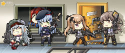Rule 34 | 404 (girls&#039; frontline), 5girls, 6p62 (girls&#039; frontline), assault rifle, bullet hole, bullpup, caseless firearm, caution tape, chibi, commentary request, drooling, english text, floor, full body, g11 (girls&#039; frontline), girls&#039; frontline, gun, h&amp;k g11, h&amp;k hk416, h&amp;k ump, heckler &amp; koch, highres, hk416 (girls&#039; frontline), holding, holding bars, holding gun, holding magazine (weapon), holding weapon, horizontal magazine, indoors, iron bars, keep out, magazine (weapon), multiple girls, open door, pantyhose, reflective floor, rescue, rifle, sleeping, submachine gun, thighhighs, ump45 (girls&#039; frontline), ump9 (girls&#039; frontline), weapon, window, zixia (msl)